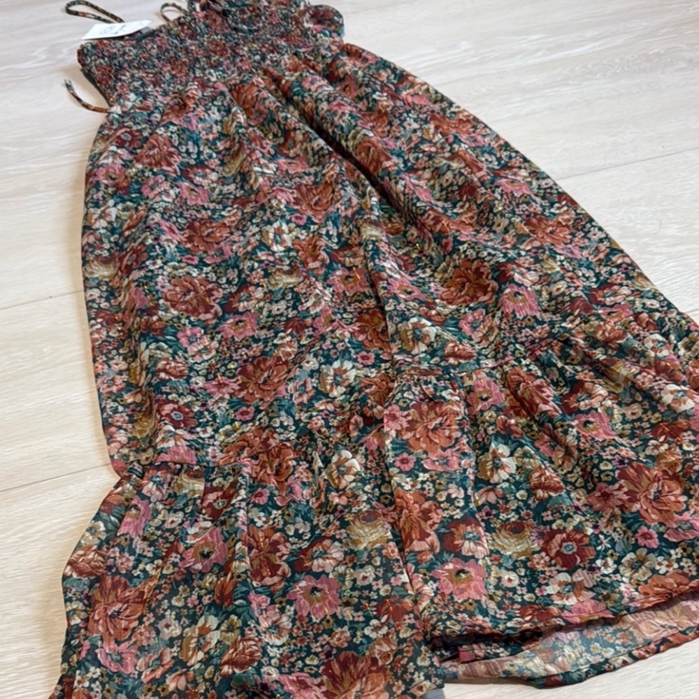 Sadie & Sage Floral Green Red Smocked Halter Midi Dress - Picture 10 of 12